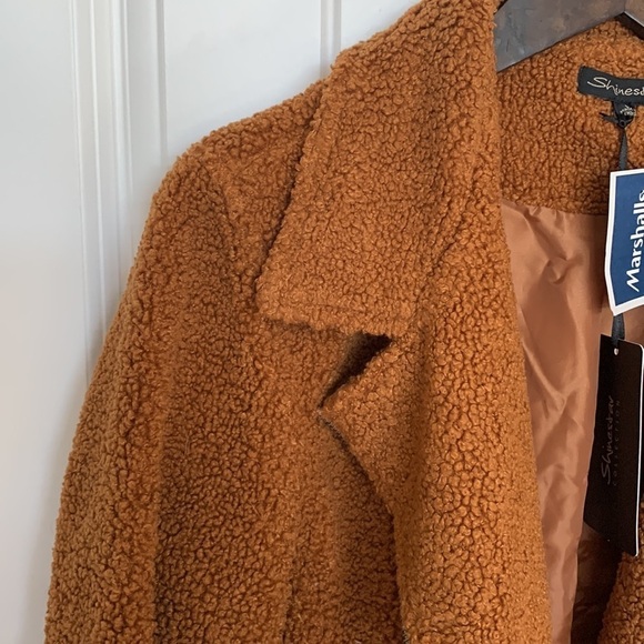 NWT Faux Shearling Moto Teddy Jacket Large Cognac Cropped Sherpa Lined Cozy - Picture 11 of 13